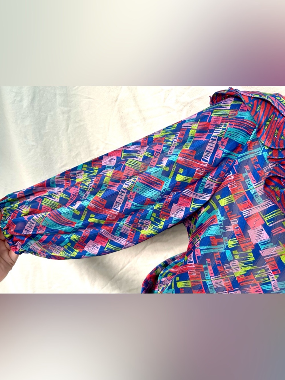 Vintage 80s Diane Freis Bold Multicolor Abstract Ruffle Drawstring Top, Size L - Picture 7 of 17